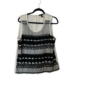 Black Label by Chico’s Women’s Sleeveless Black & White Beaded Blouse Sz 2 GUC
